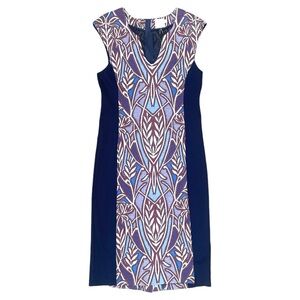 Anthropologie Pencil Shift Dress Medium Blue Floral Color Block Knit Midi Career